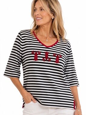 Quaker Factory Lobster Embroidered Shirt Stripes nautical coastal grandma cotton